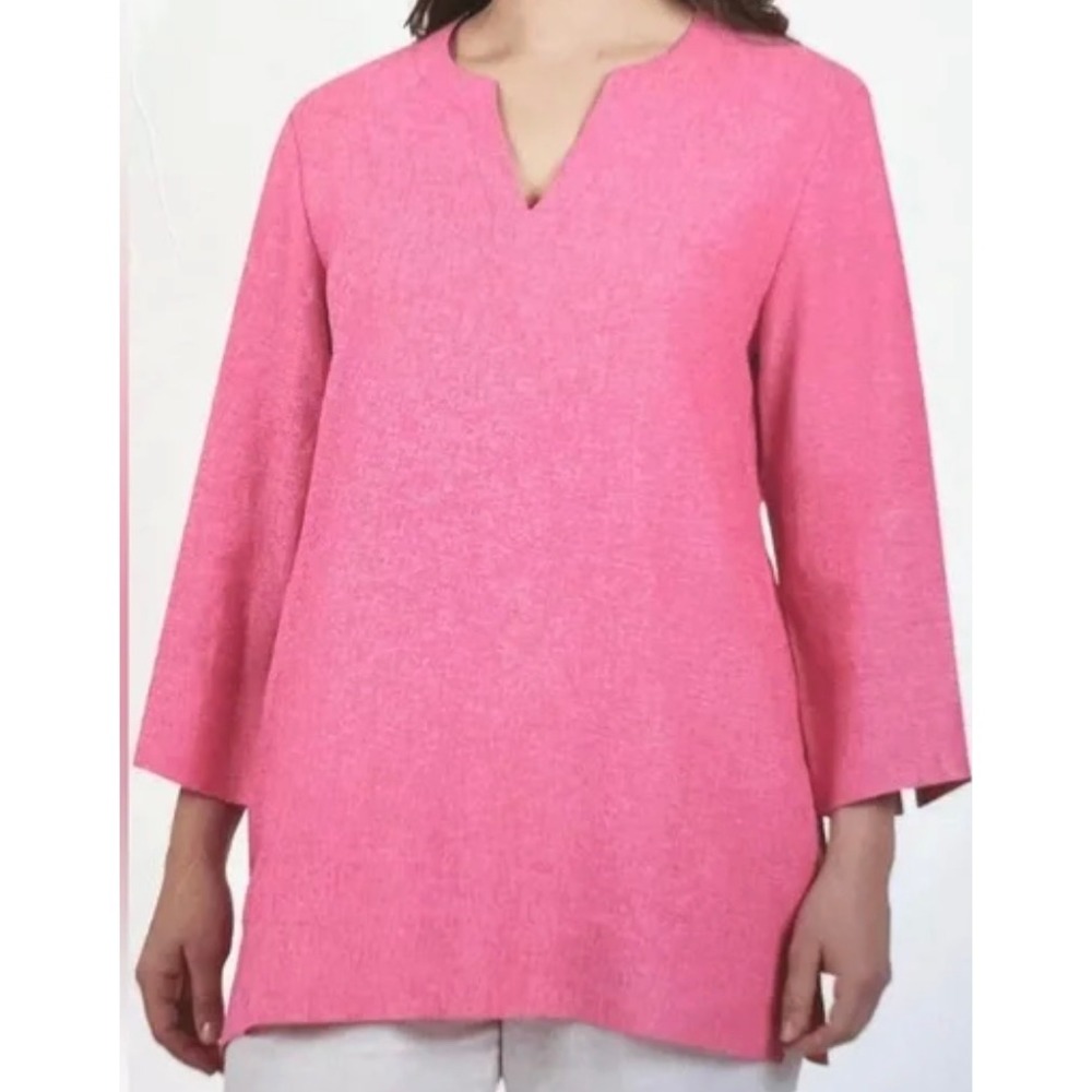 Lagenlook Lands End Hot Pink Linen Blend Split V-Neck 3/4 Sleeve Tunic Top SZ L